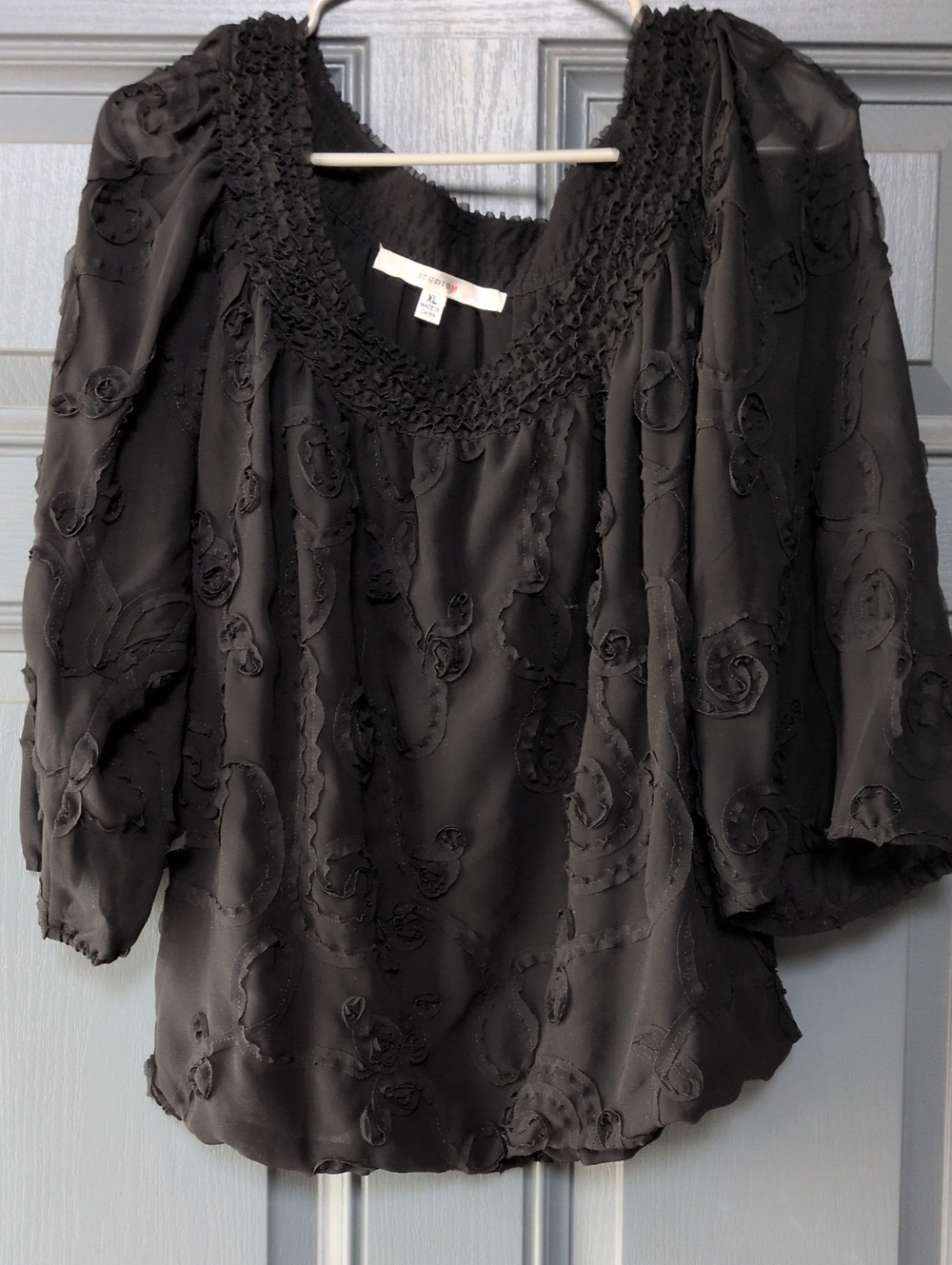 Studio M Black Embroidered Scoop Neck Blouse